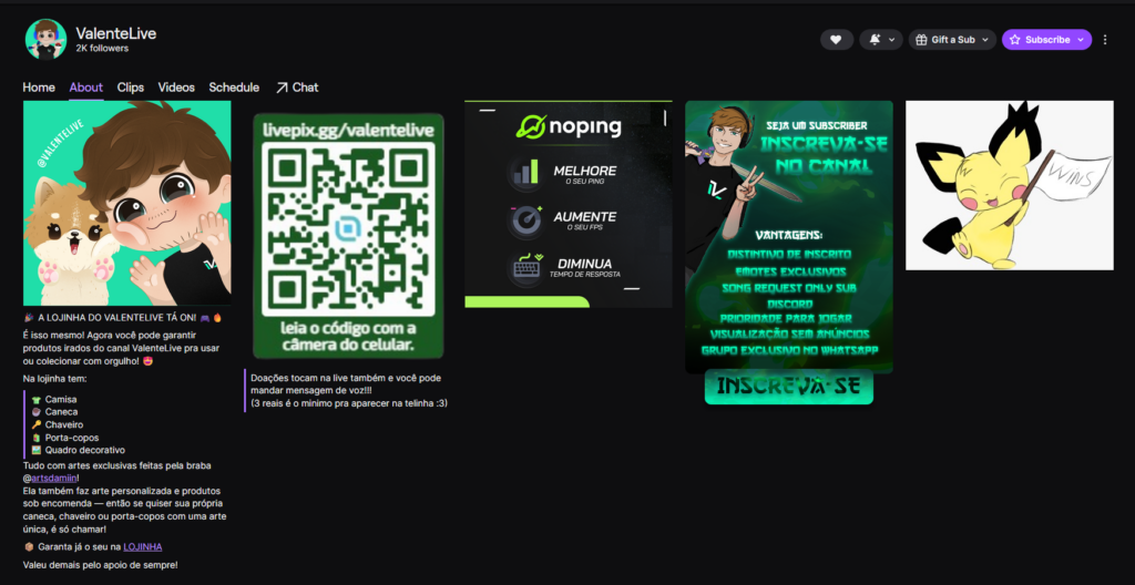 Exemplo de painel da Twitch com banner de produtos da loja do criador